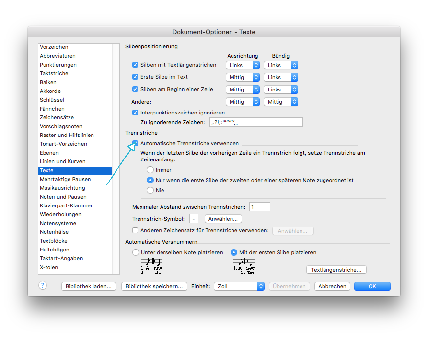 Dokument-Optionen - Texte-Dialogbox mit markierter Option Automatische Trennstriche verwenden